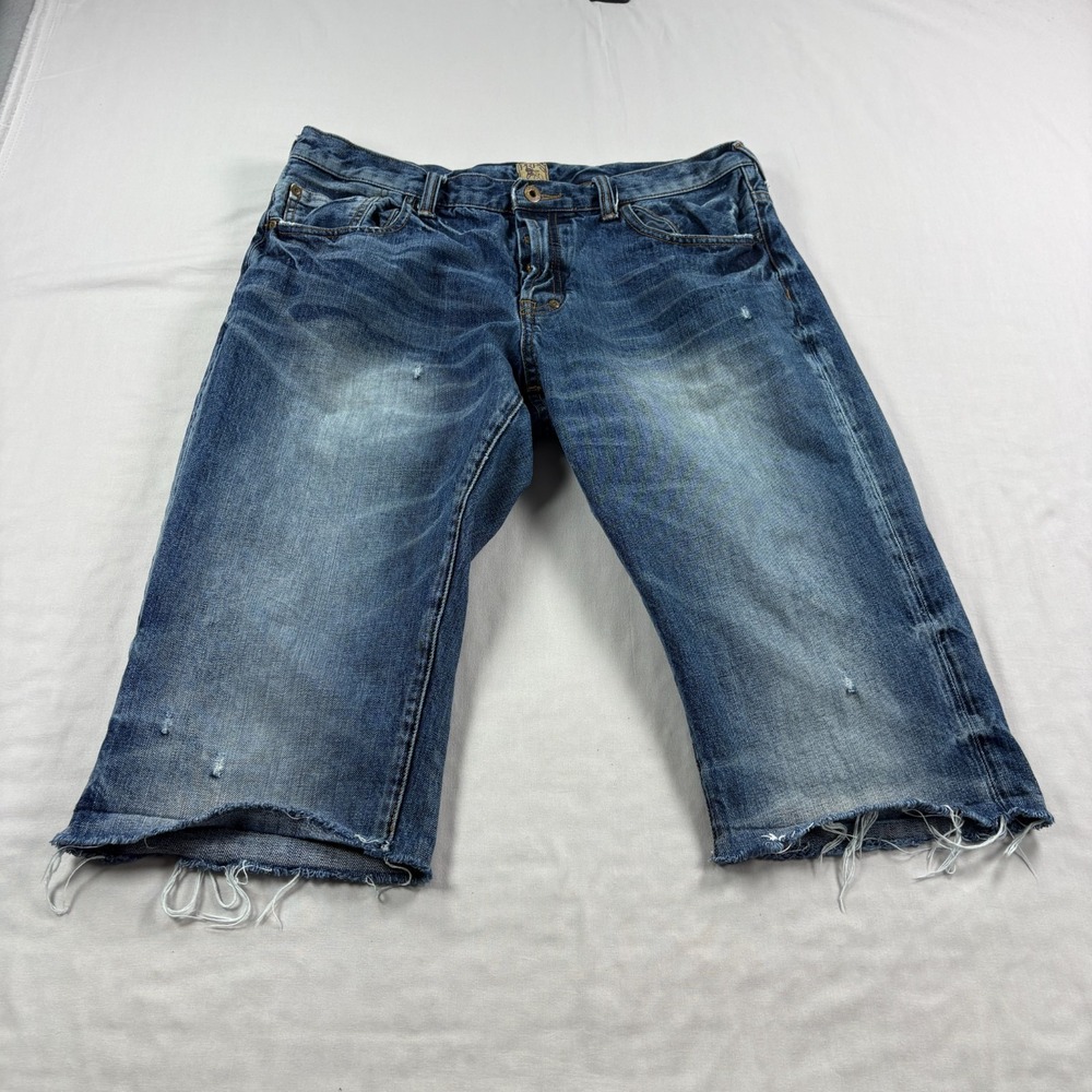 PRPS Jean Shorts Men 36 Blue Barracuda Denim Jorts Distressed Cut Off Button Fly